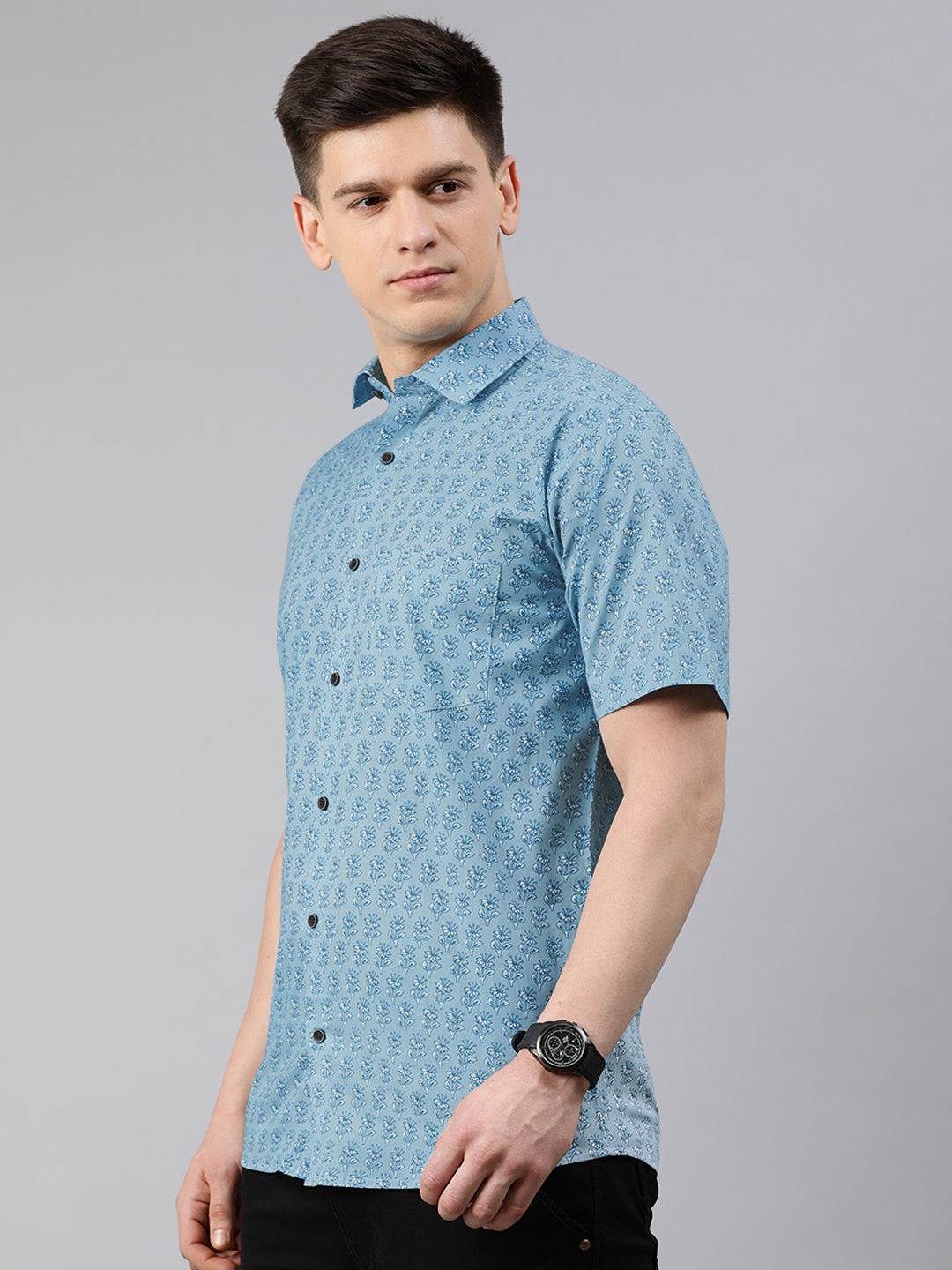 Men's Blue Cotton Short Sleeves Shirts For Men - Taantav