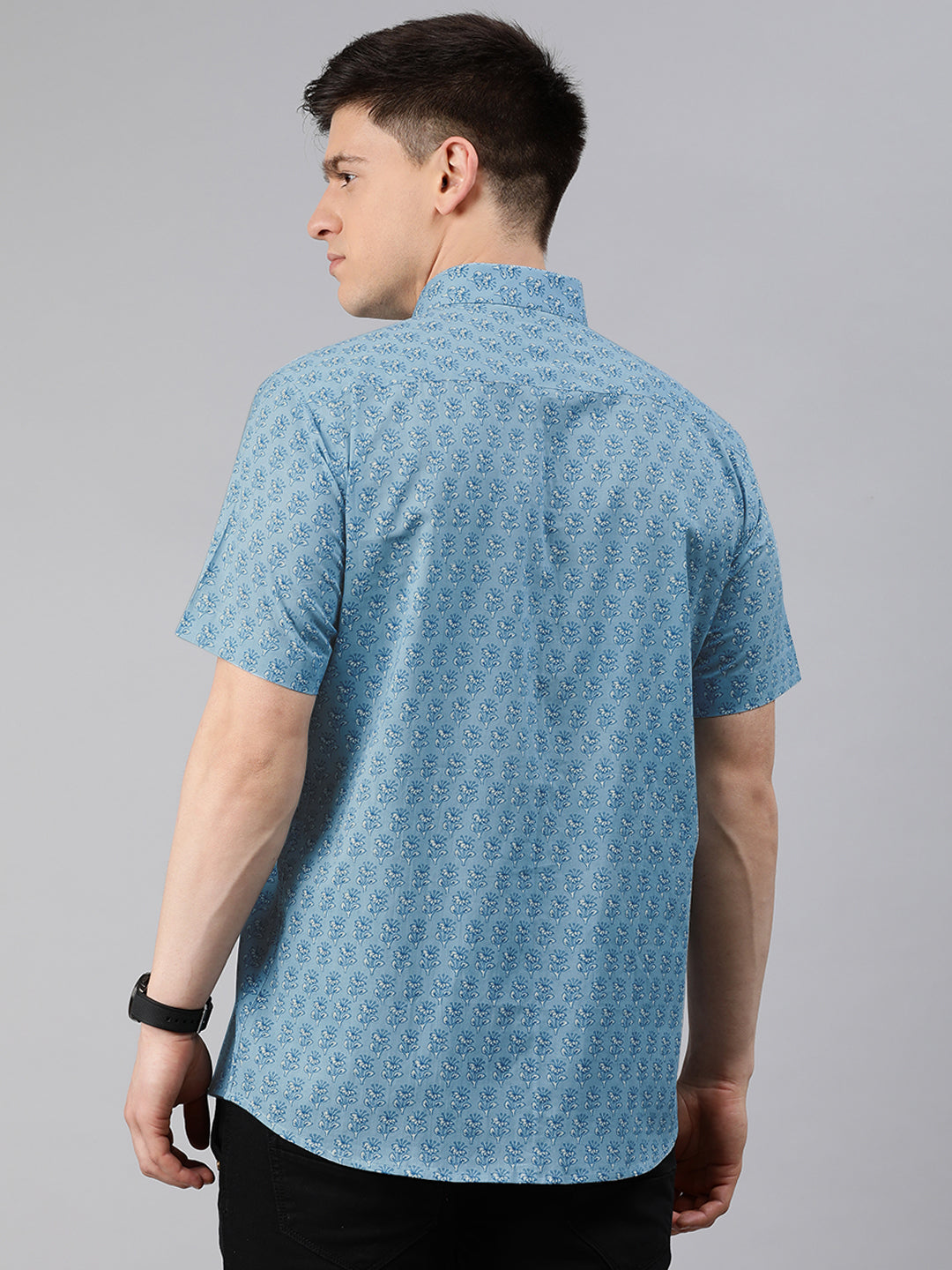 Men's Blue Cotton Short Sleeves Shirts For Men - Taantav