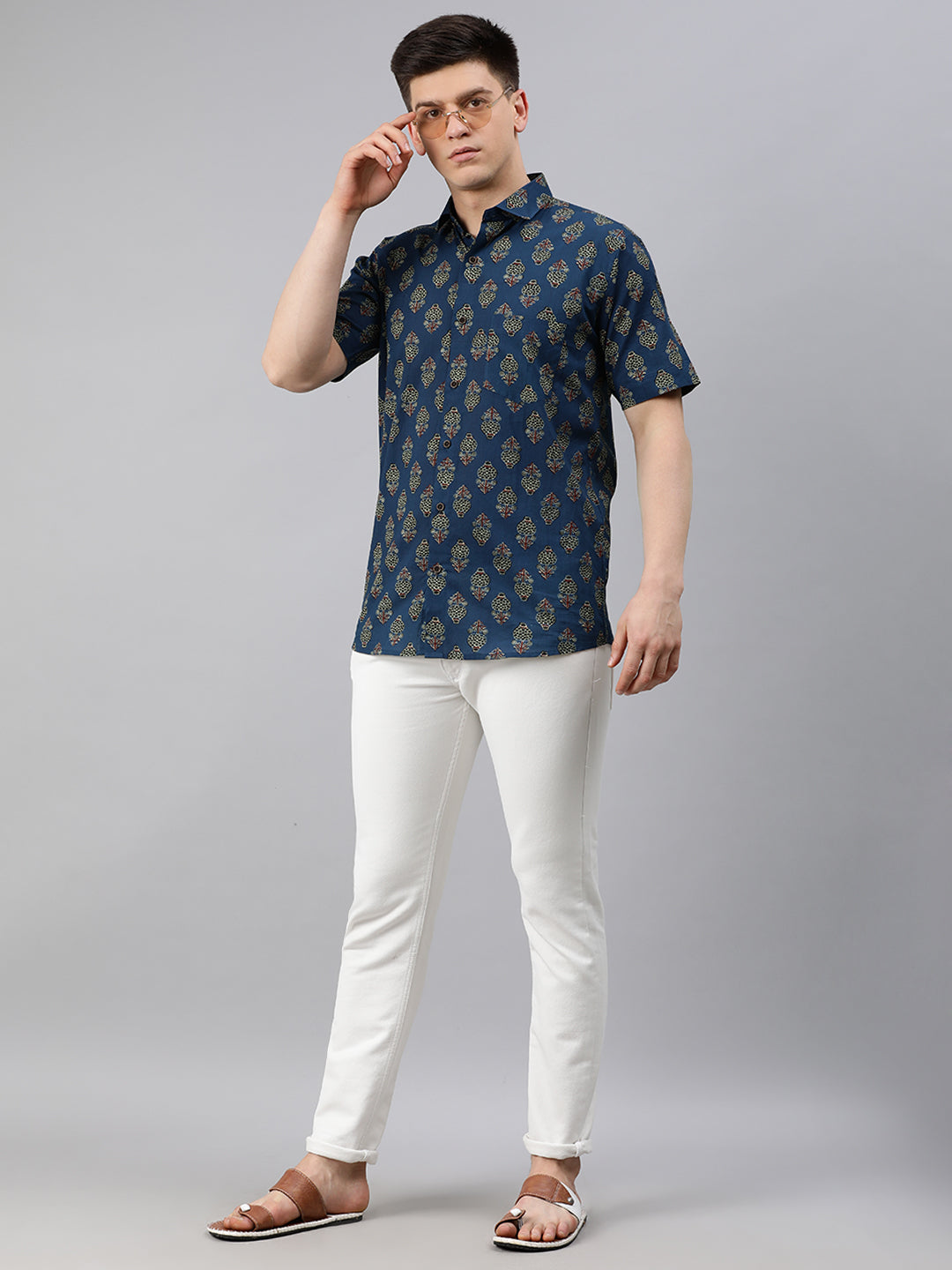 Men's Blue Cotton Short Sleeves Shirts For Men - Taantav