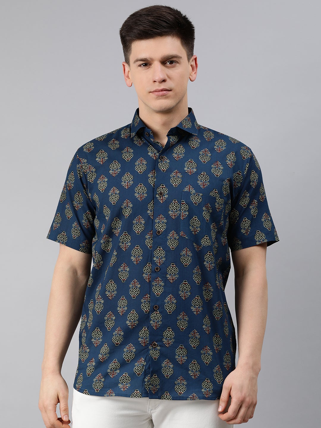 Men's Blue Cotton Short Sleeves Shirts For Men - Taantav