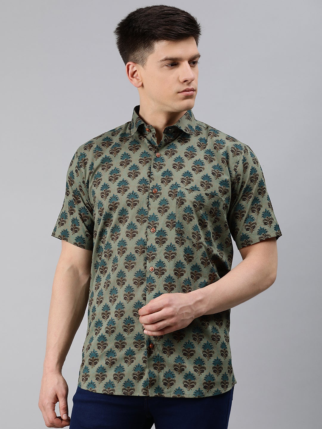 Men's Green Cotton Short Sleeves Shirts For Men - Taantav