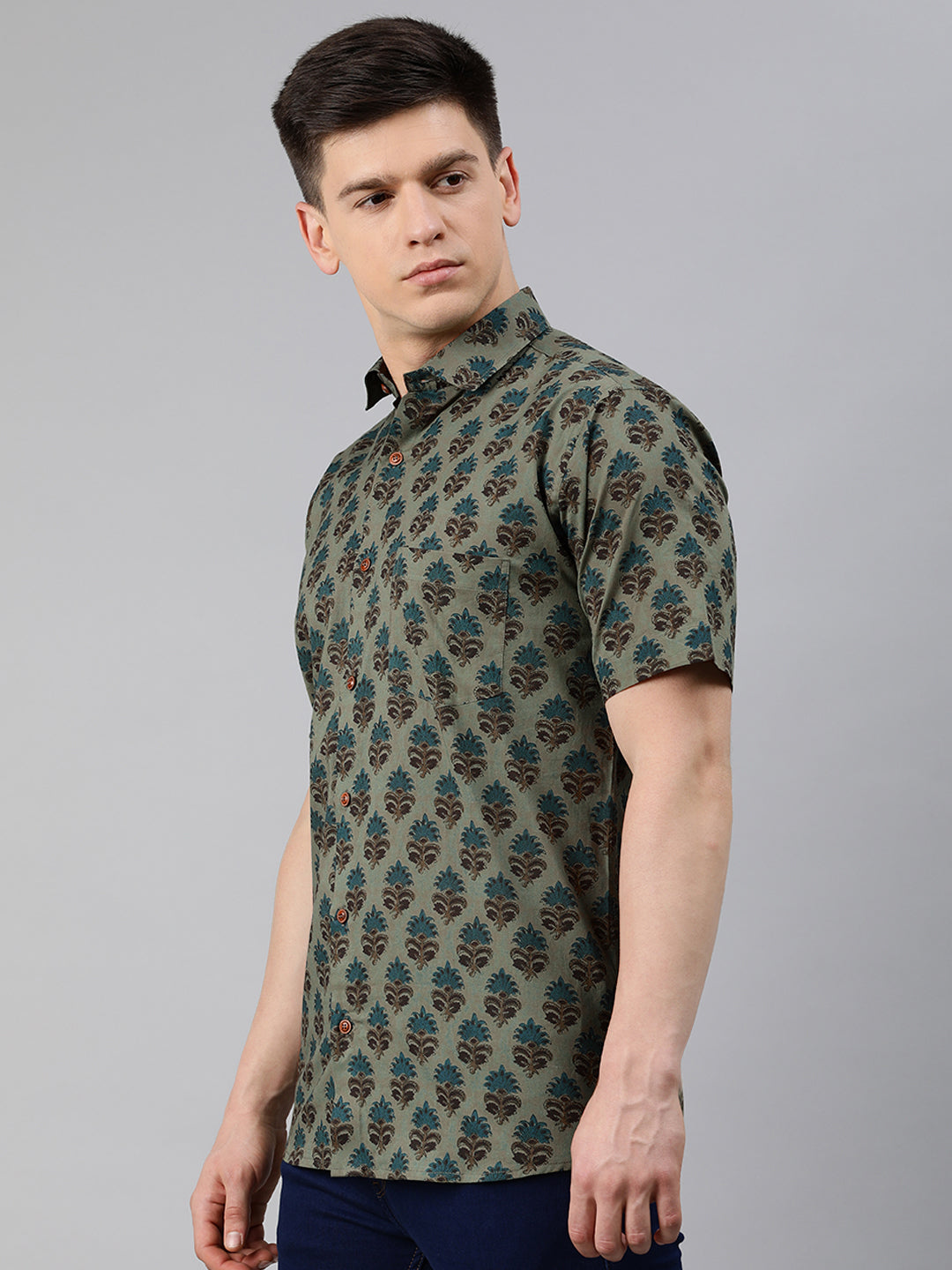 Men's Green Cotton Short Sleeves Shirts For Men - Taantav