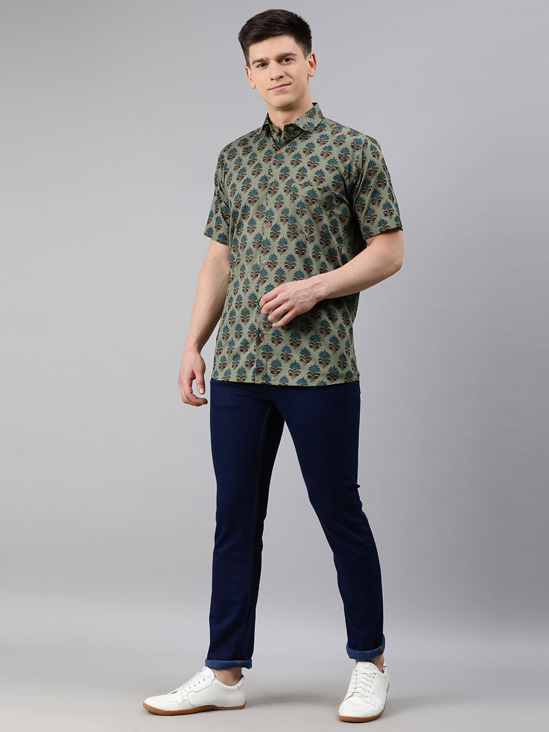 Men's Green Cotton Short Sleeves Shirts For Men - Taantav