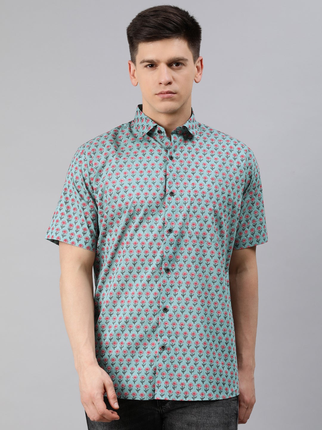 Men's Sea Green Cotton Short Sleeves Shirts For Men - Taantav