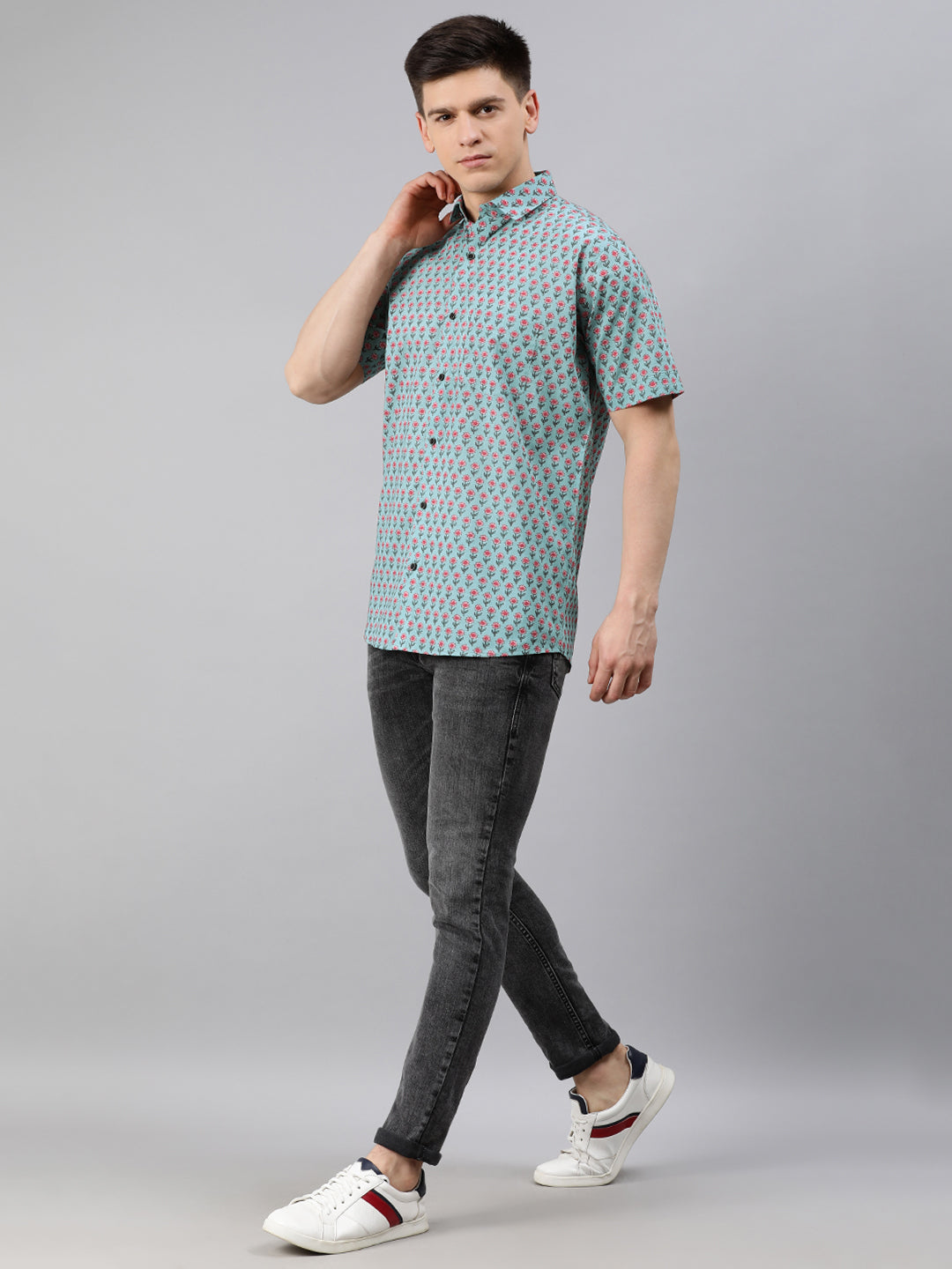 Men's Sea Green Cotton Short Sleeves Shirts For Men - Taantav