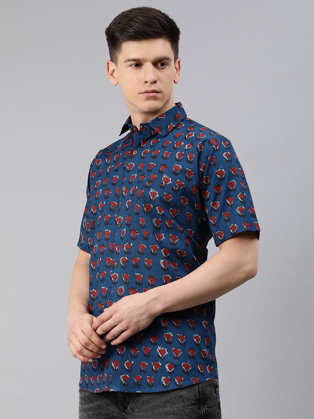 Men's Navy Blue Cotton Short Sleeves Shirts For Men - Taantav