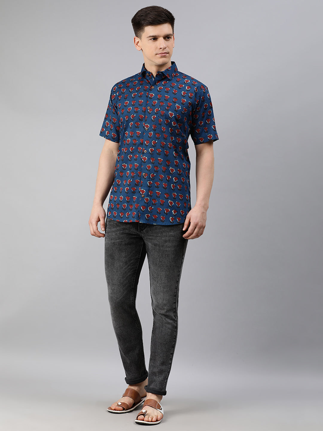 Men's Navy Blue Cotton Short Sleeves Shirts For Men - Taantav