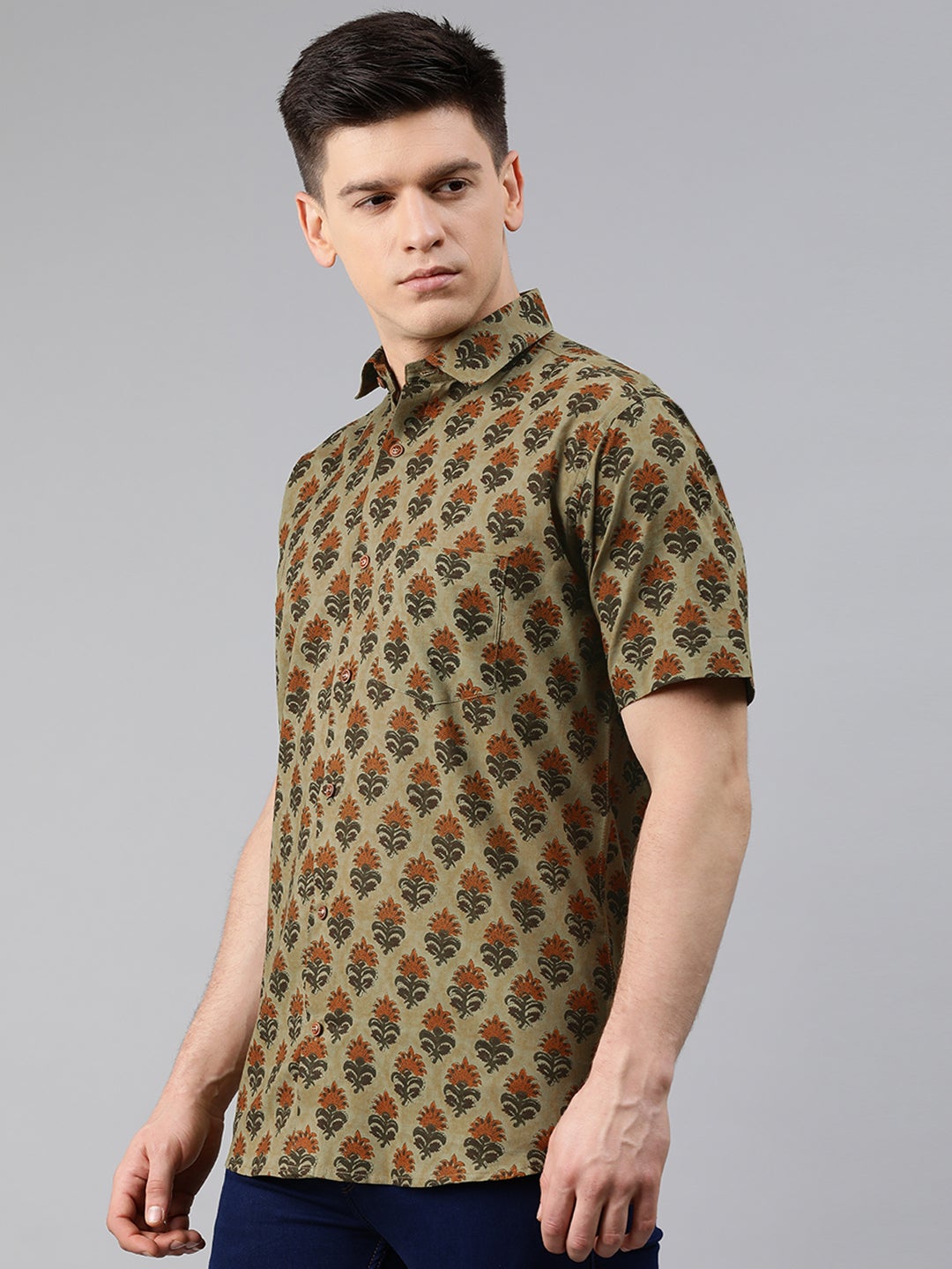 Men's Green Cotton Short Sleeves Shirts For Men - Taantav