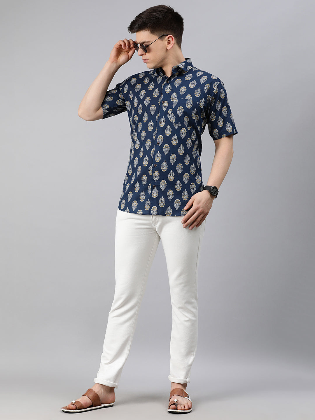 Men's Navy Blue Cotton Short Sleeves Shirts For Men - Taantav