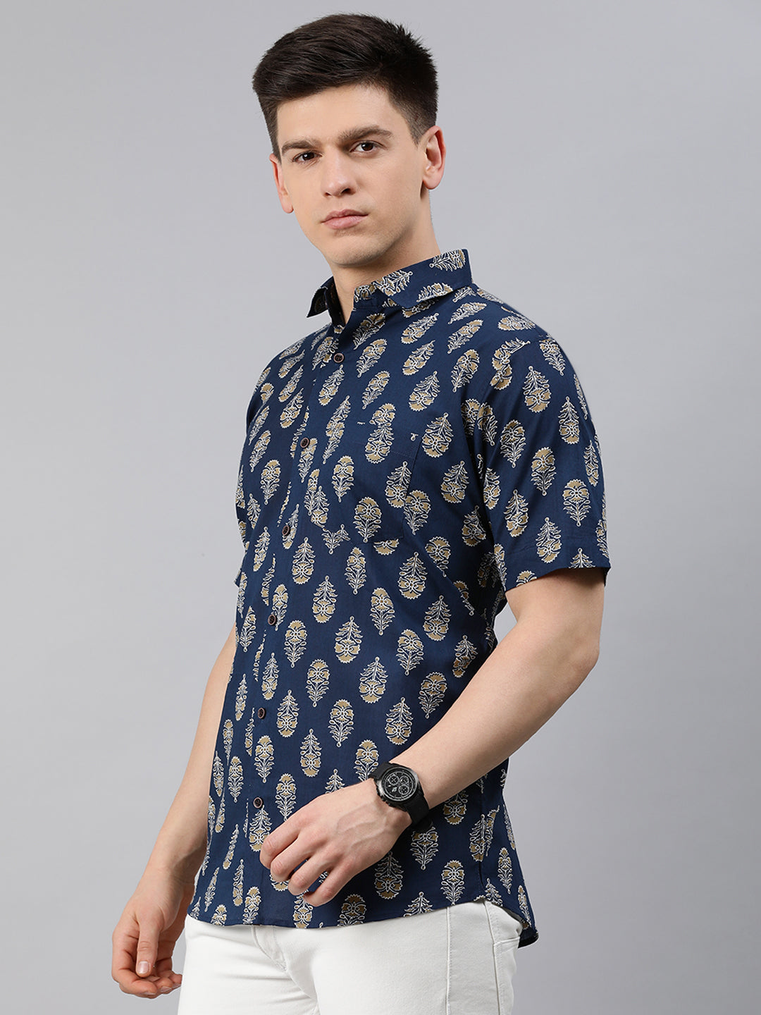 Men's Navy Blue Cotton Short Sleeves Shirts For Men - Taantav