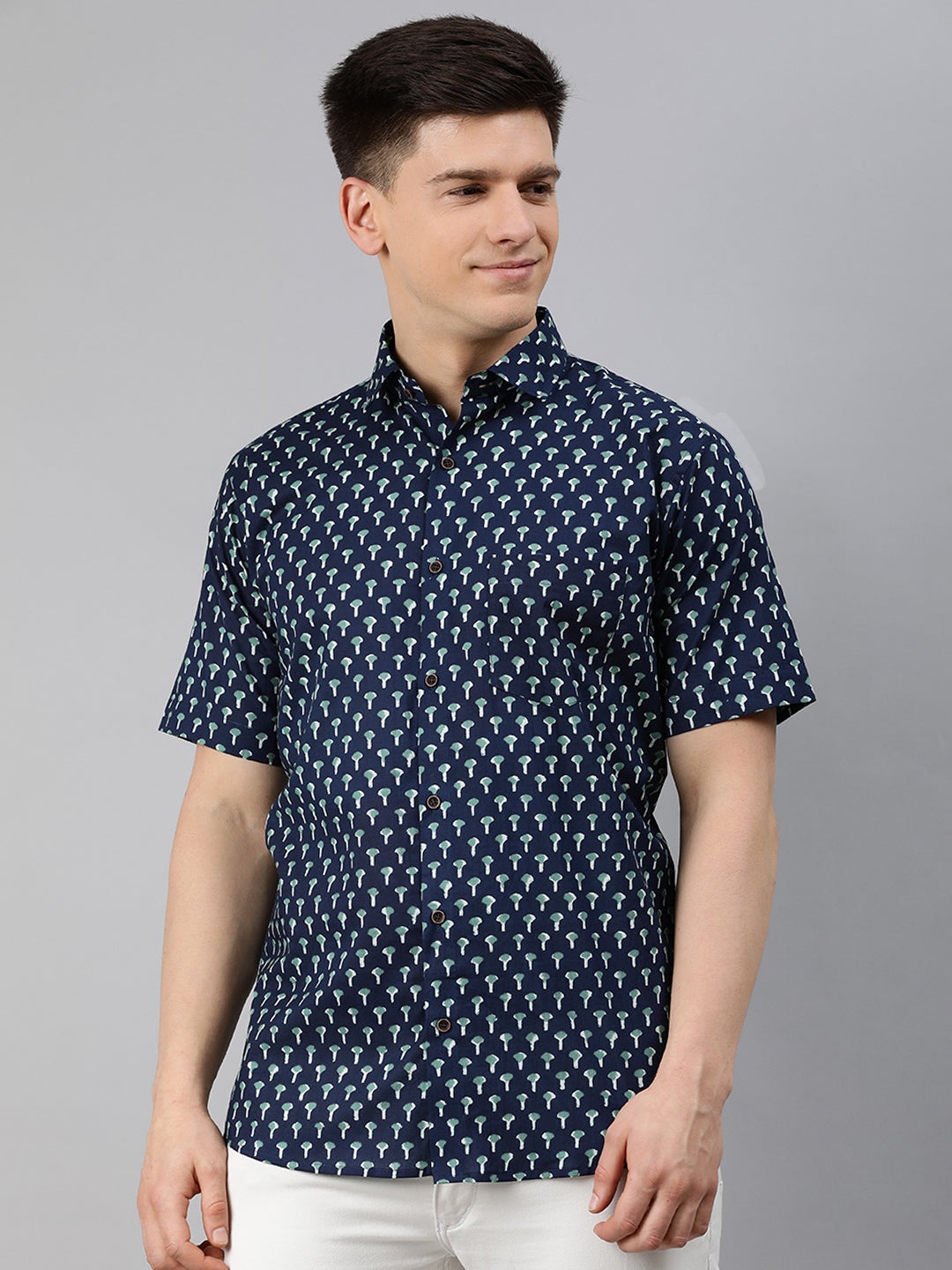 Men's Navy Blue Cotton Short Sleeves Shirts For Men - Taantav