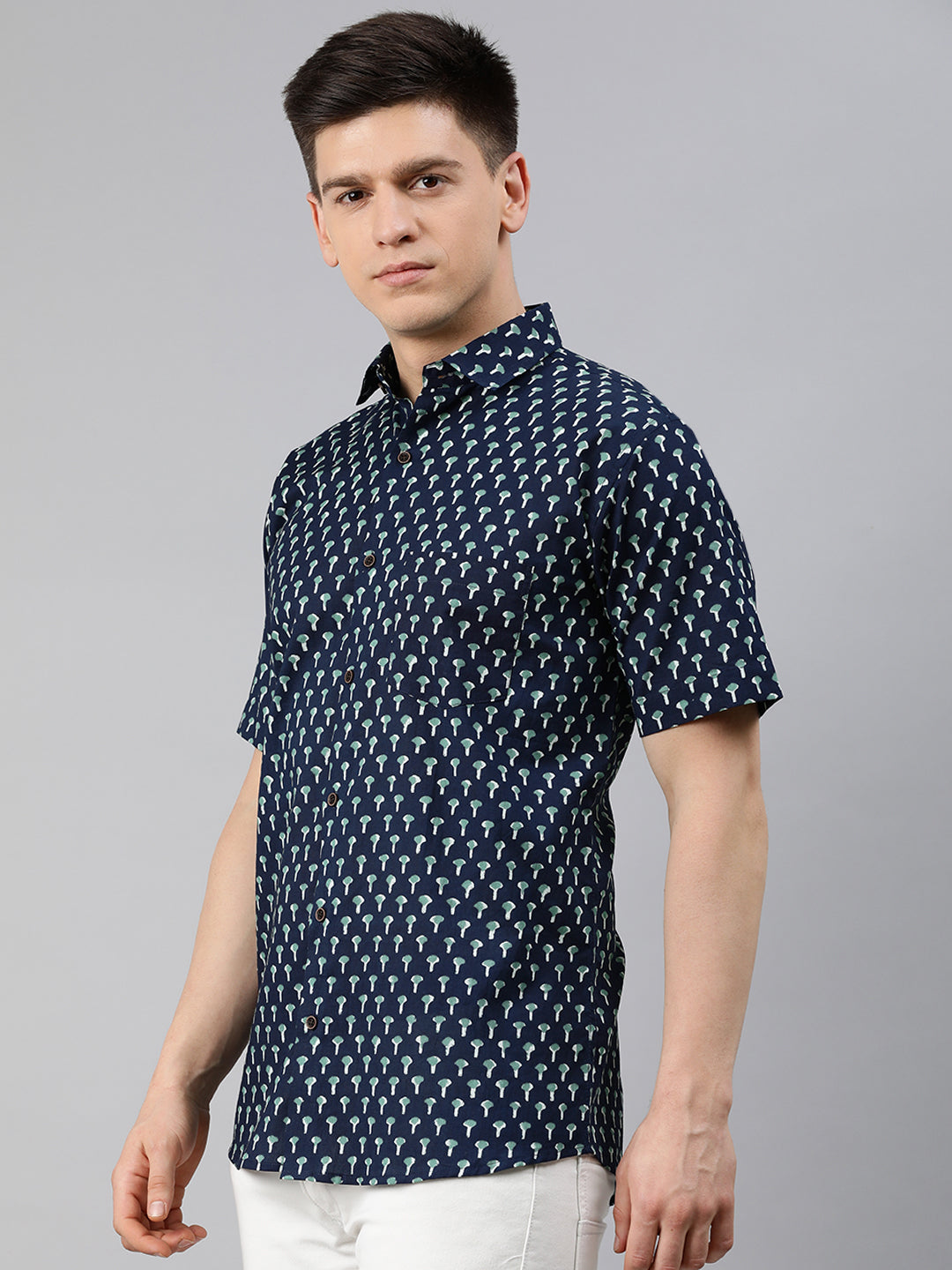 Men's Navy Blue Cotton Short Sleeves Shirts For Men - Taantav