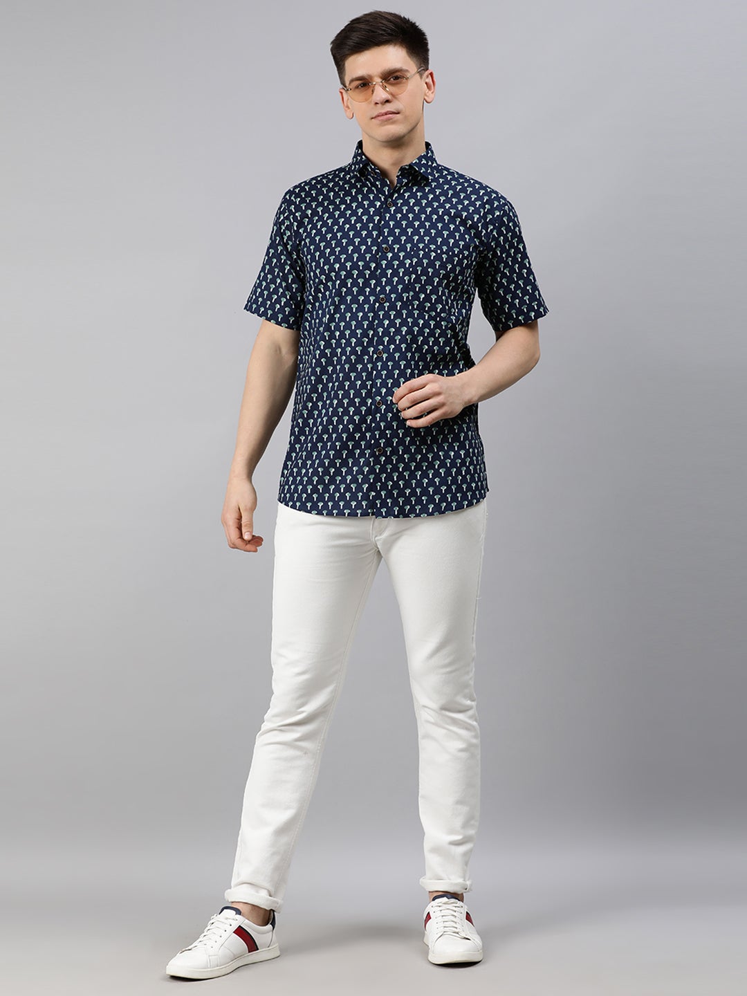 Men's Navy Blue Cotton Short Sleeves Shirts For Men - Taantav