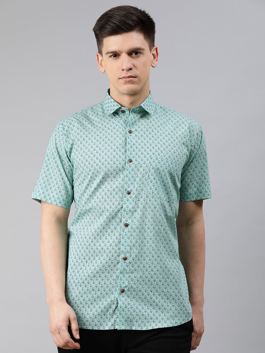 Men's Sea Green Cotton Short Sleeves Shirts For Men - Taantav