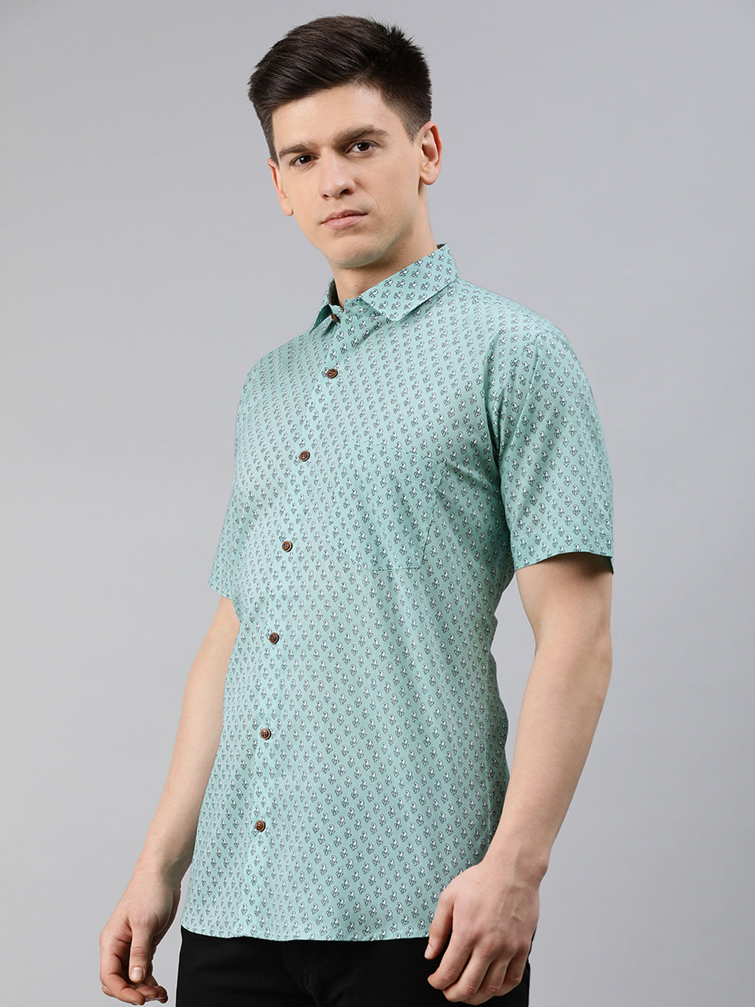 Men's Sea Green Cotton Short Sleeves Shirts For Men - Taantav