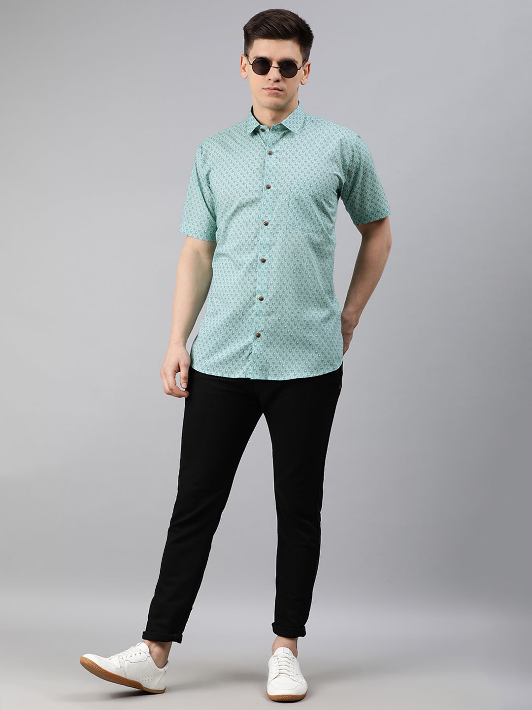 Men's Sea Green Cotton Short Sleeves Shirts For Men - Taantav