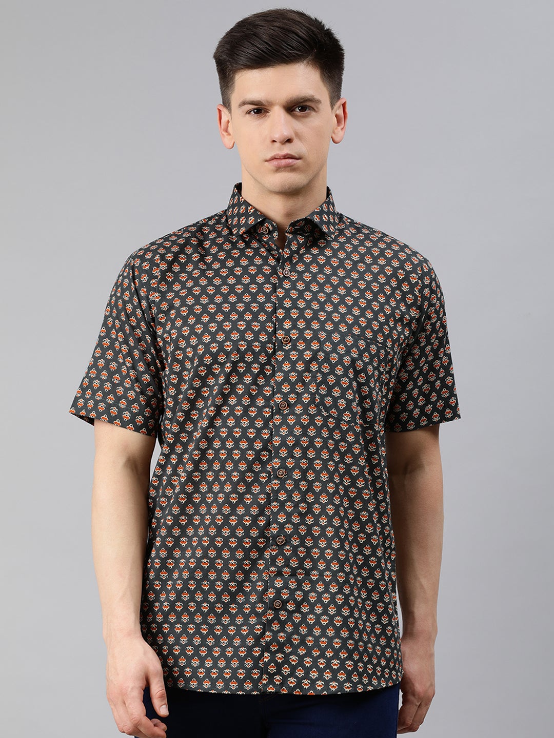 Men's Gray Cotton Short Sleeves Shirts For Men