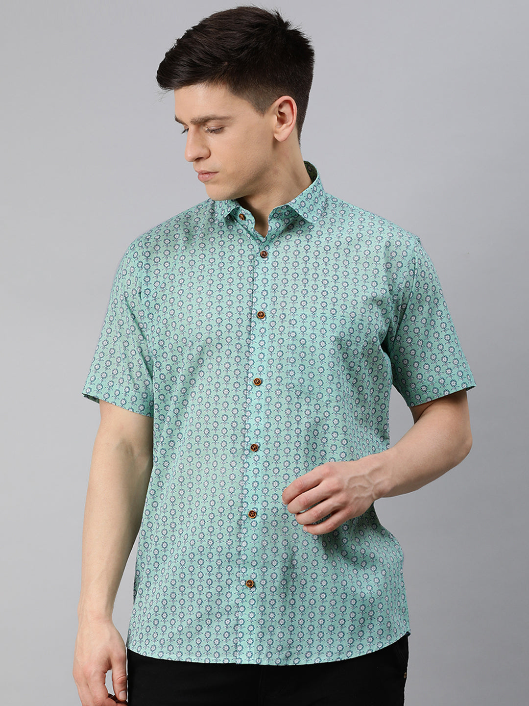 Men's Sea Green Cotton Short Sleeves Shirts For Men - Taantav