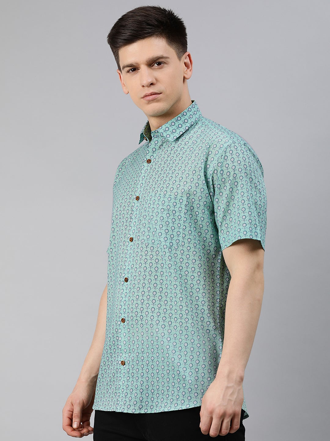 Men's Sea Green Cotton Short Sleeves Shirts For Men - Taantav