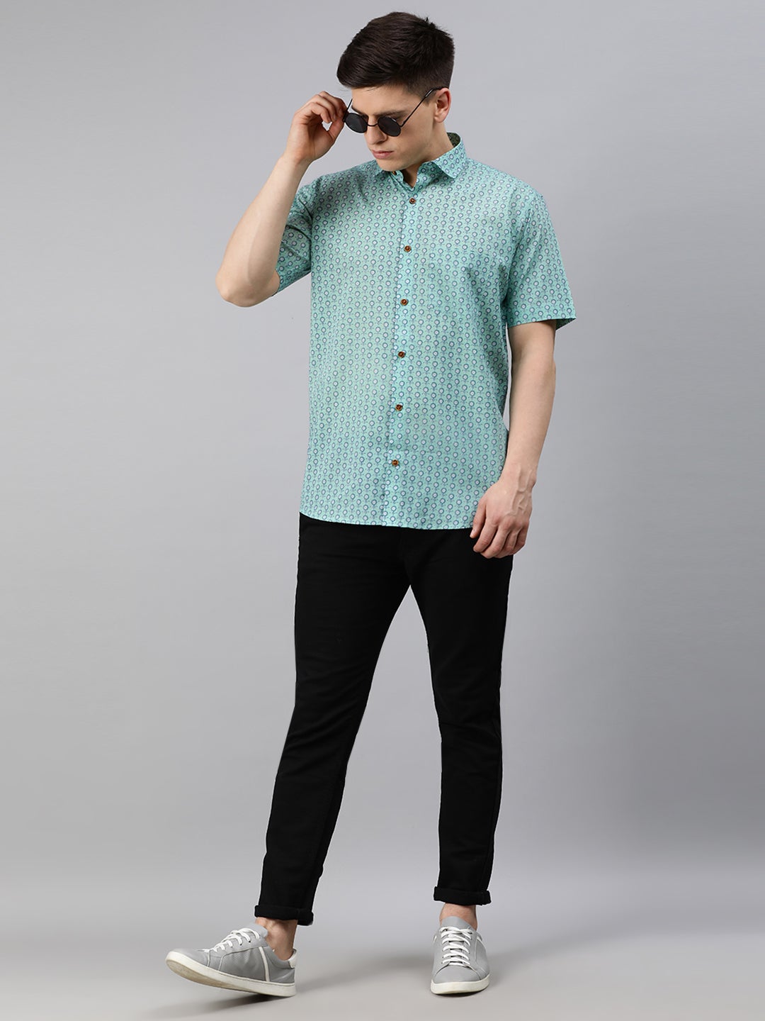 Men's Sea Green Cotton Short Sleeves Shirts For Men - Taantav