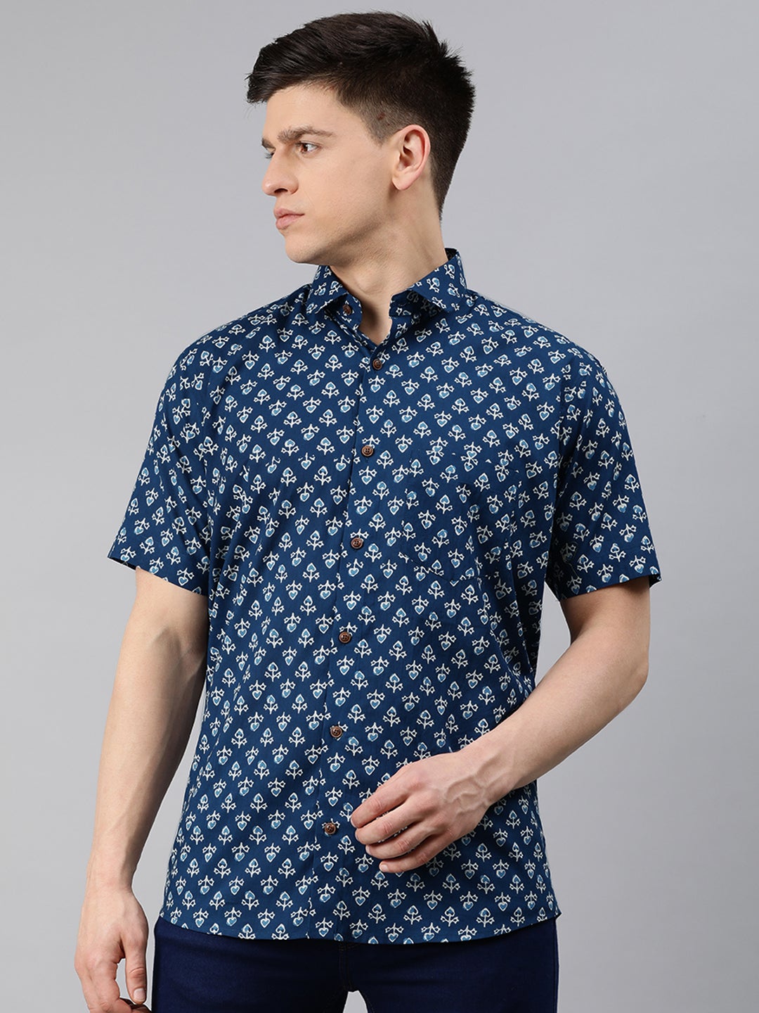 Men's Blue Cotton Short Sleeves Shirts For Men - Taantav