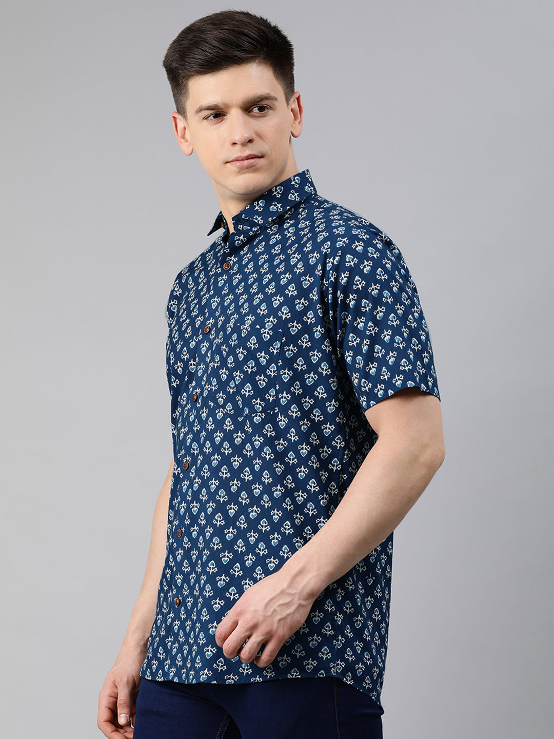 Men's Blue Cotton Short Sleeves Shirts For Men - Taantav