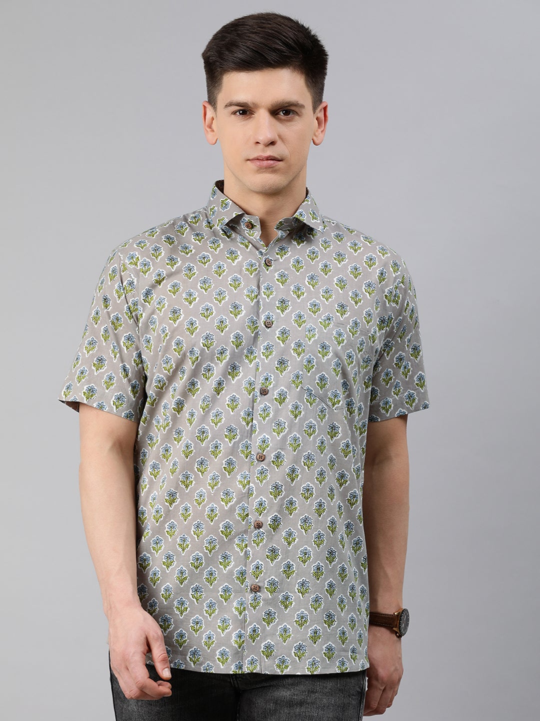 Men's Grey Cotton Short Sleeves Shirts For Men - Taantav