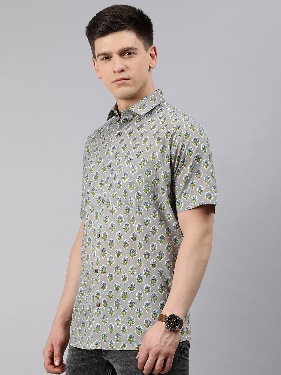 Men's Grey Cotton Short Sleeves Shirts For Men - Taantav