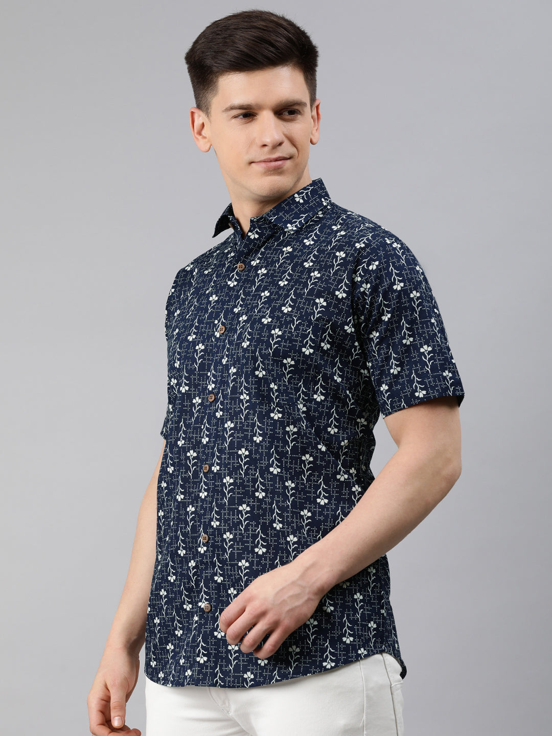 Men's Navy Blue Cotton Short Sleeves Shirts For Men - Taantav