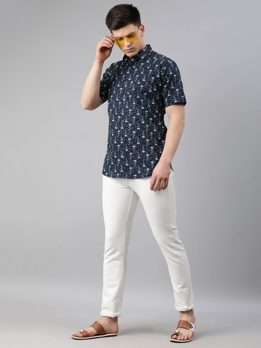 Men's Navy Blue Cotton Short Sleeves Shirts For Men - Taantav