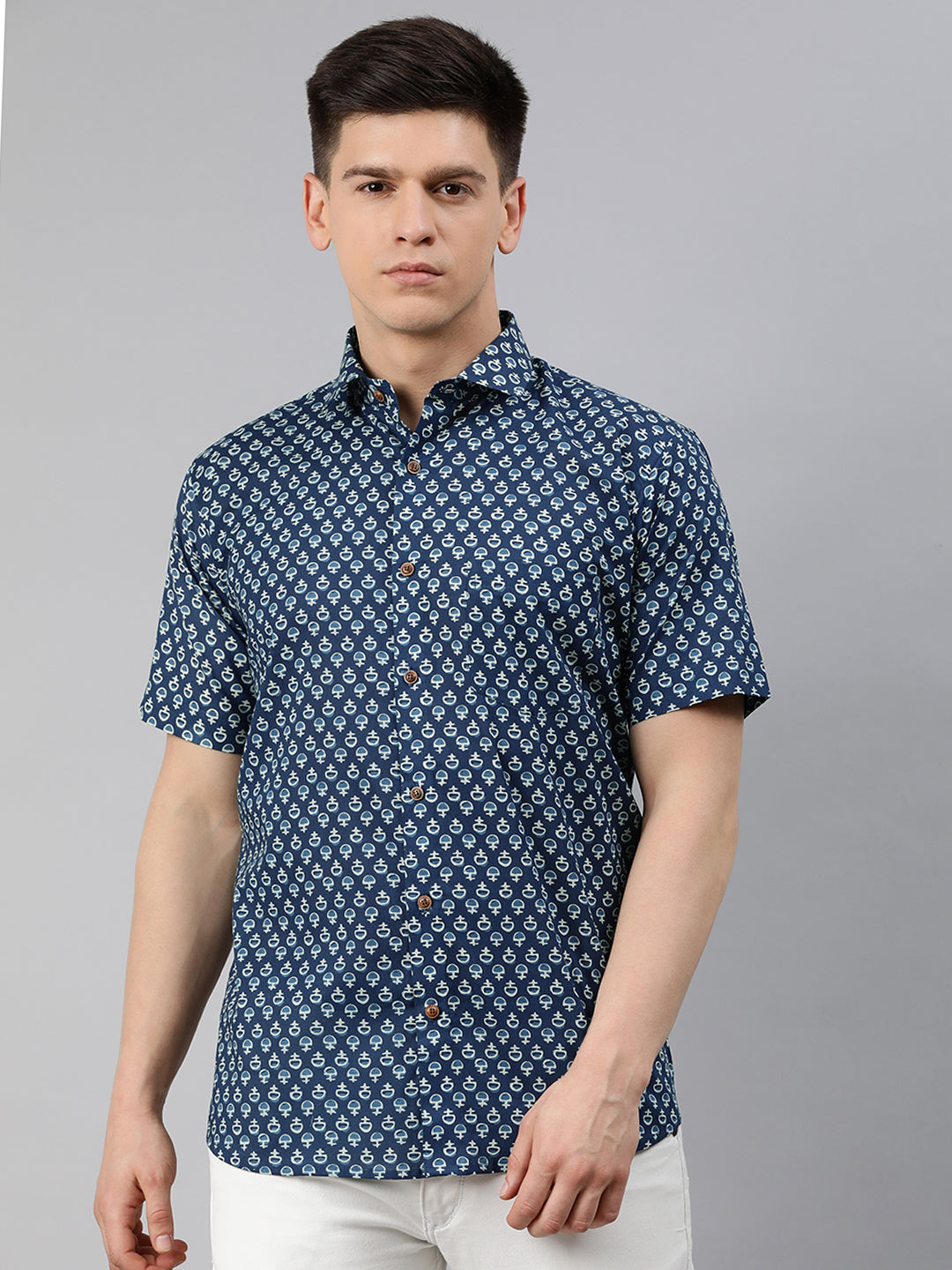 Men's Blue Cotton Short Sleeves Shirts For Men - Taantav