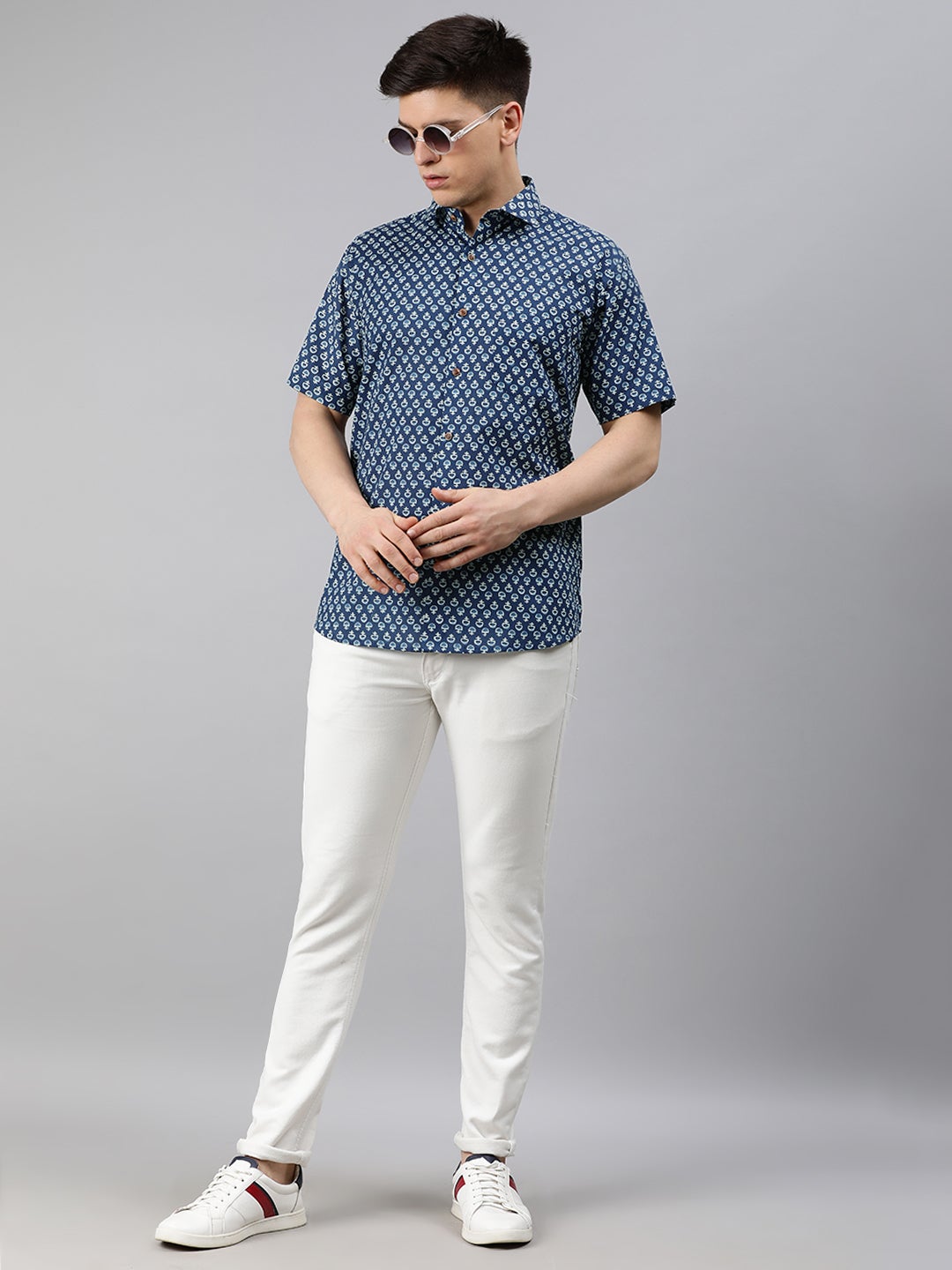 Men's Blue Cotton Short Sleeves Shirts For Men - Taantav