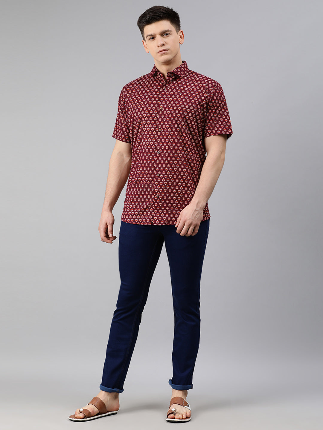 Men's Maroon Cotton Short Sleeves Shirts For Men - Taantav