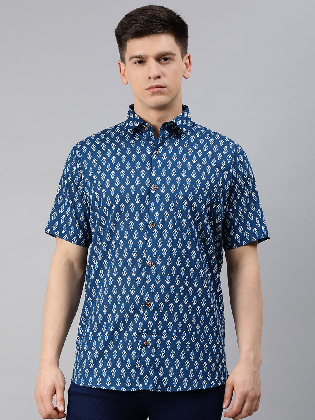 Men's Blue Cotton Short Sleeves Shirts For Men - Taantav