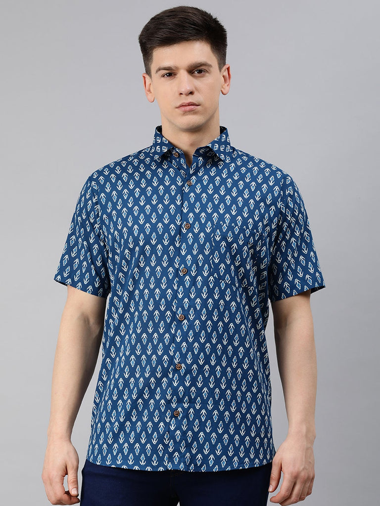 Men's Blue Cotton Short Sleeves Shirts For Men