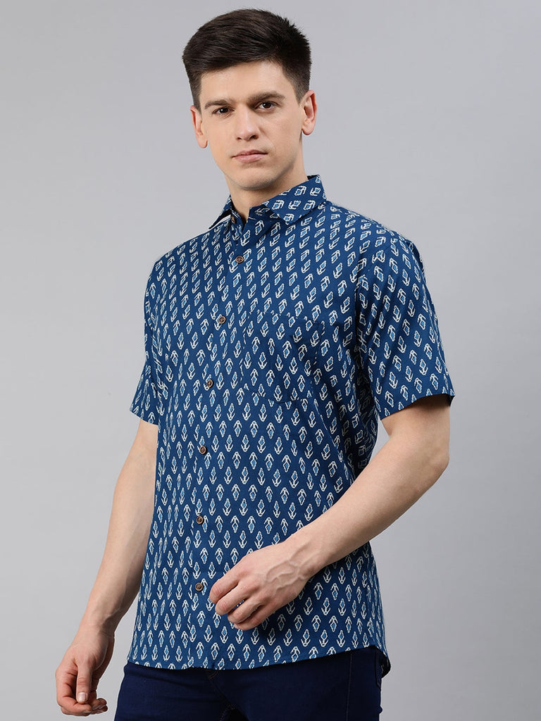 Men's Blue Cotton Short Sleeves Shirts For Men