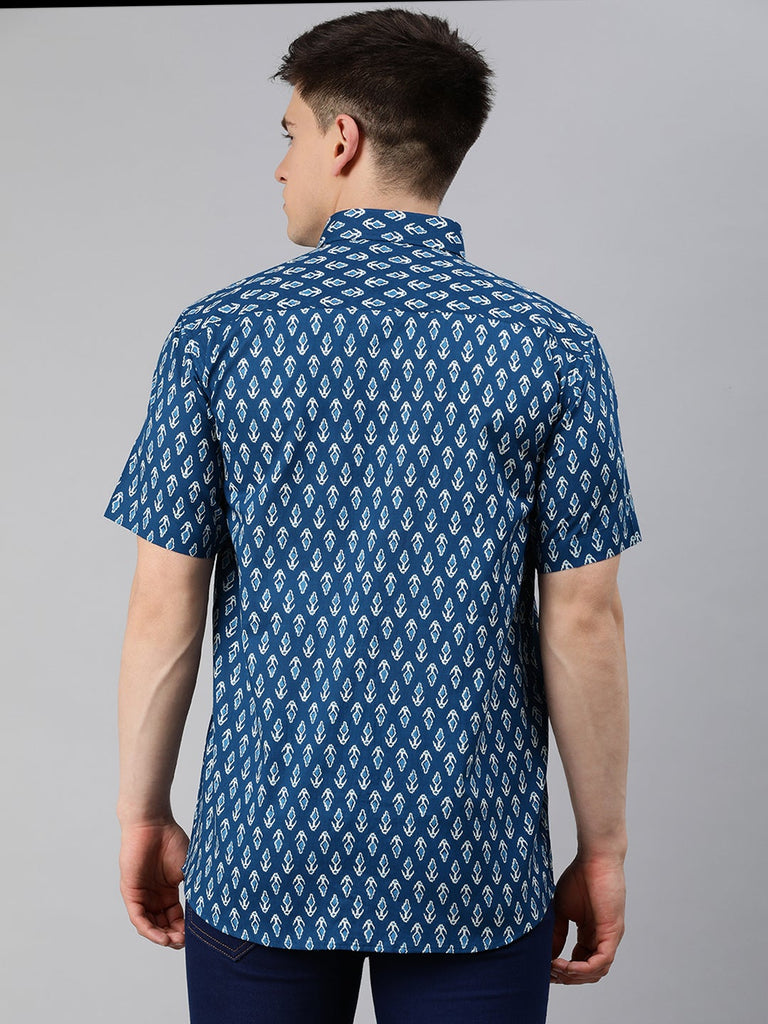 Men's Blue Cotton Short Sleeves Shirts For Men