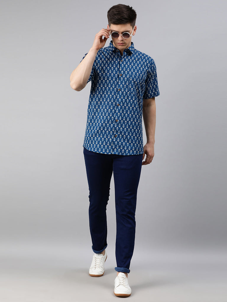 Men's Blue Cotton Short Sleeves Shirts For Men
