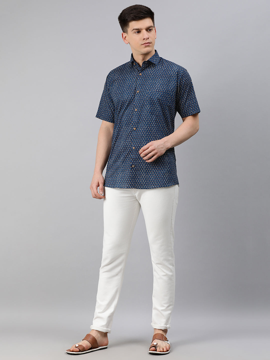 Men's Blue Cotton Short Sleeves Shirts For Men - Taantav