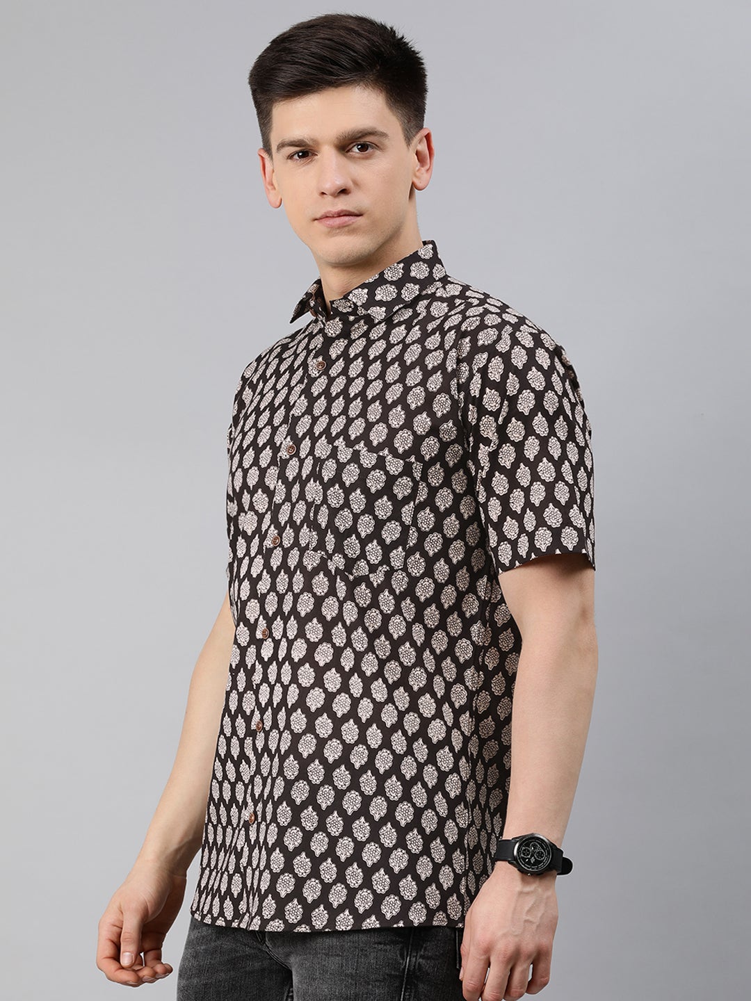 Men's Black Cotton Short Sleeves Shirts For Men - Taantav