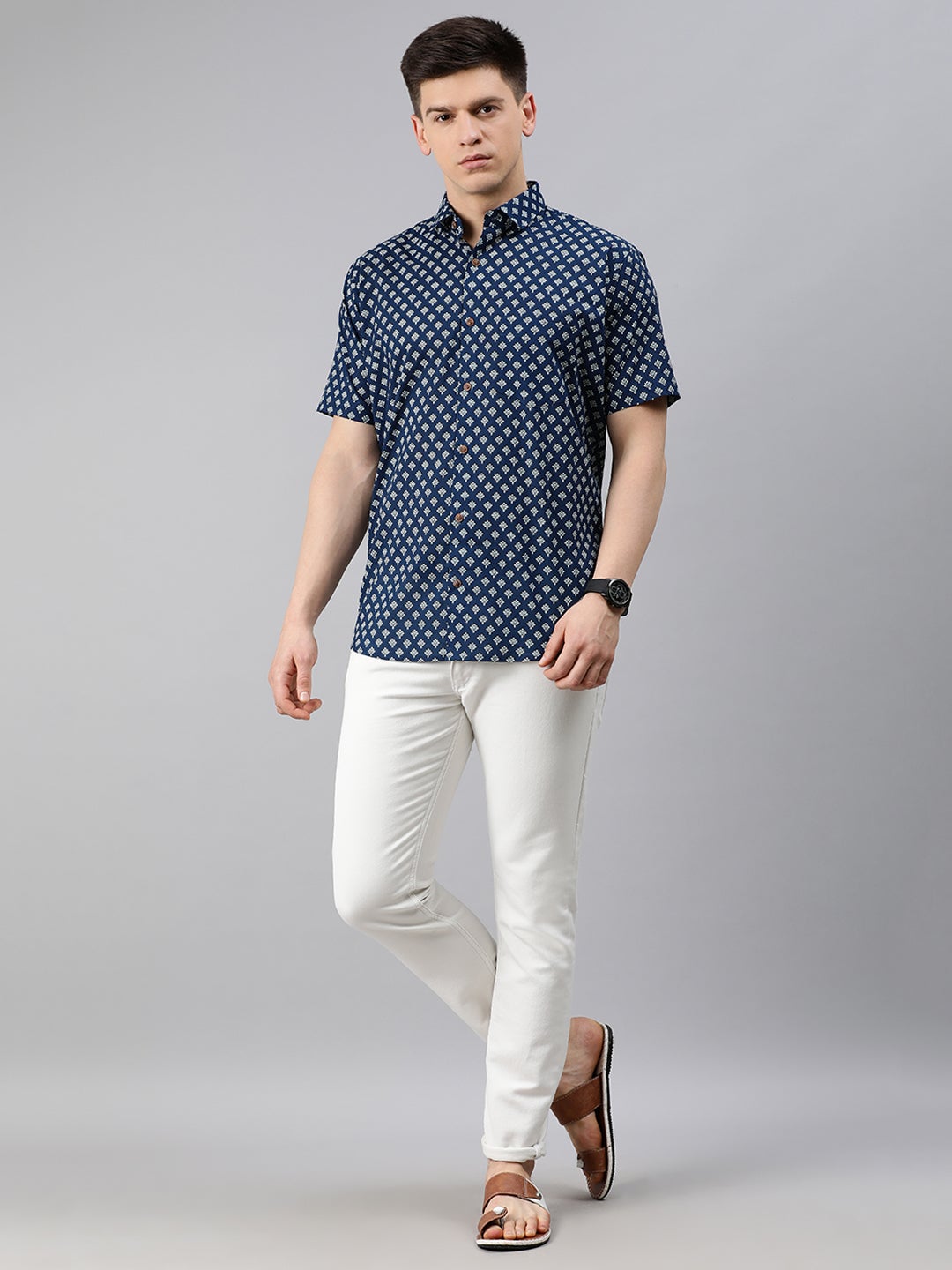 Men's Blue Cotton Short Sleeves Shirts For Men - Taantav