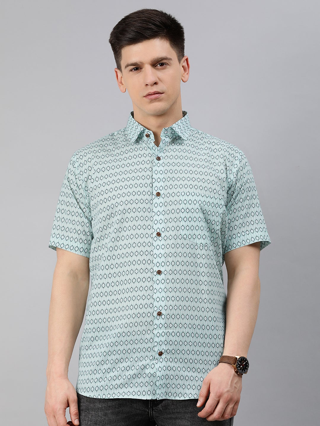 Men's Sea Green Cotton Short Sleeves Shirts For Men - Taantav