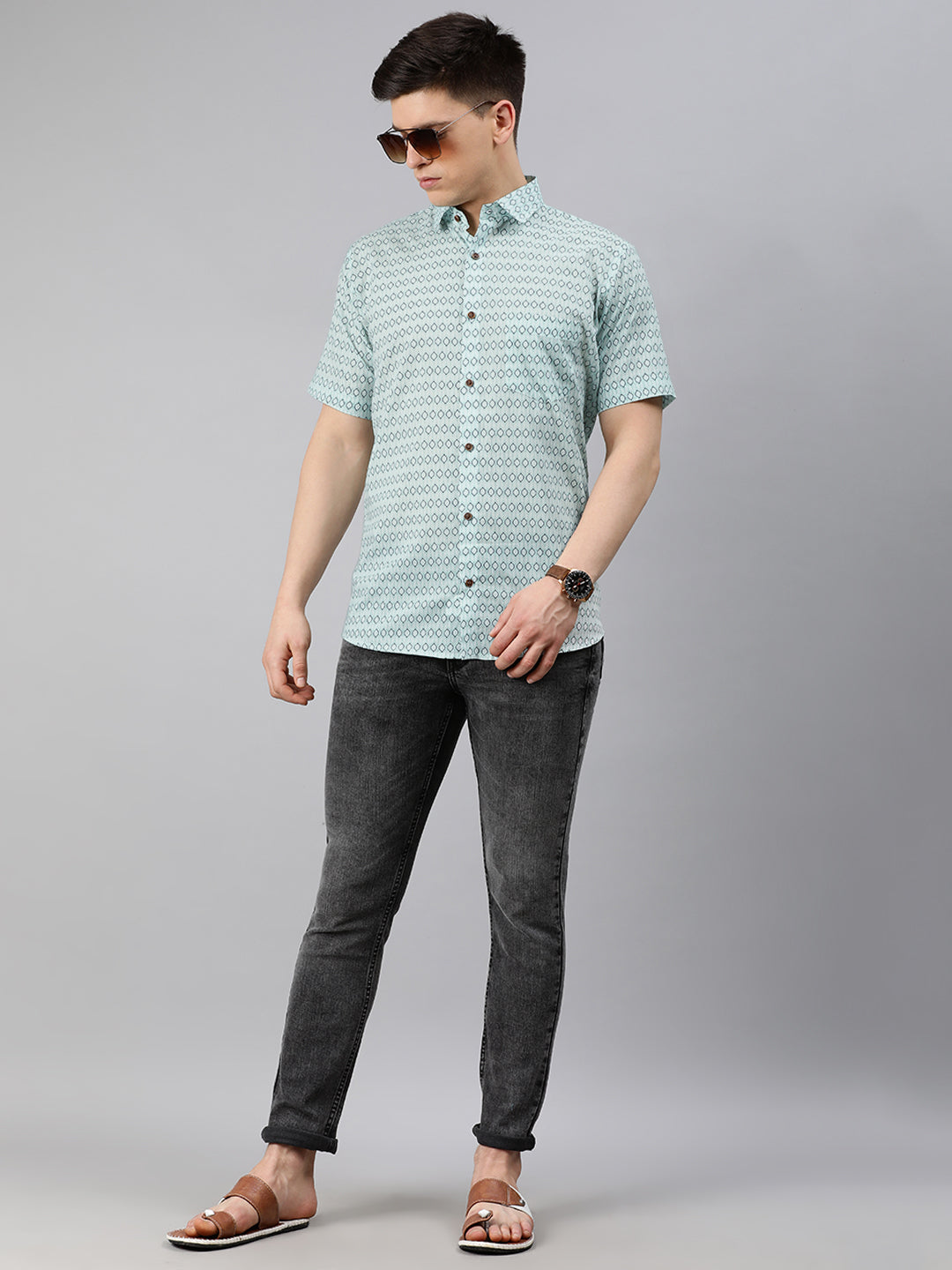 Men's Sea Green Cotton Short Sleeves Shirts For Men - Taantav