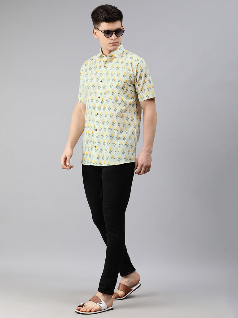 Men's Green Cotton Short Sleeves Shirts For Men