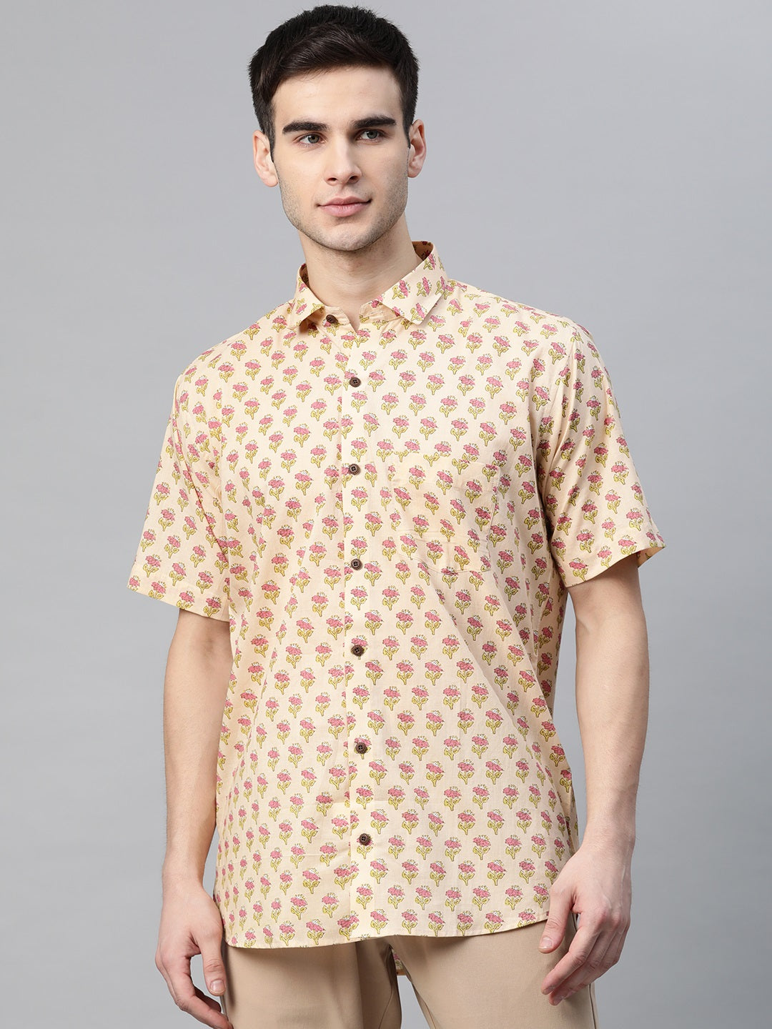 Men's Beige Cotton Half Sleeves Shirt - Taantav