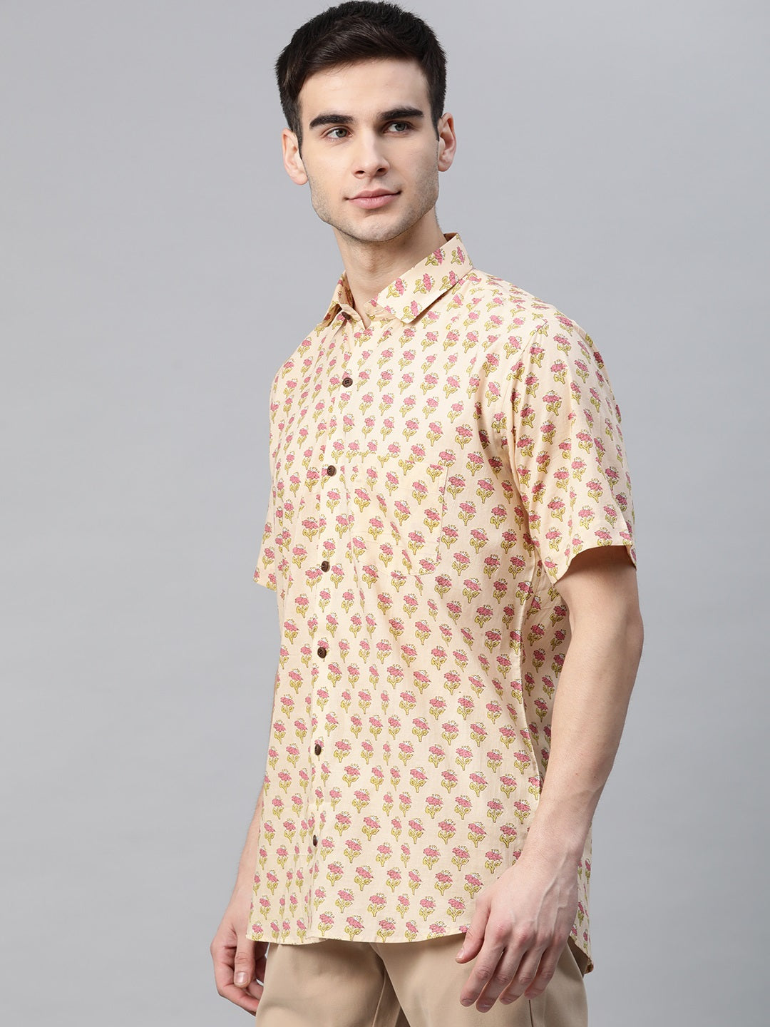 Men's Beige Cotton Half Sleeves Shirt - Taantav