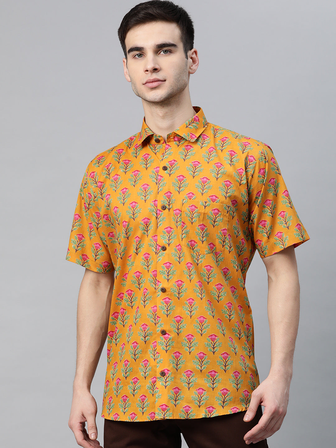 Men's Mustard Cotton Half Sleeves Shirt - Taantav