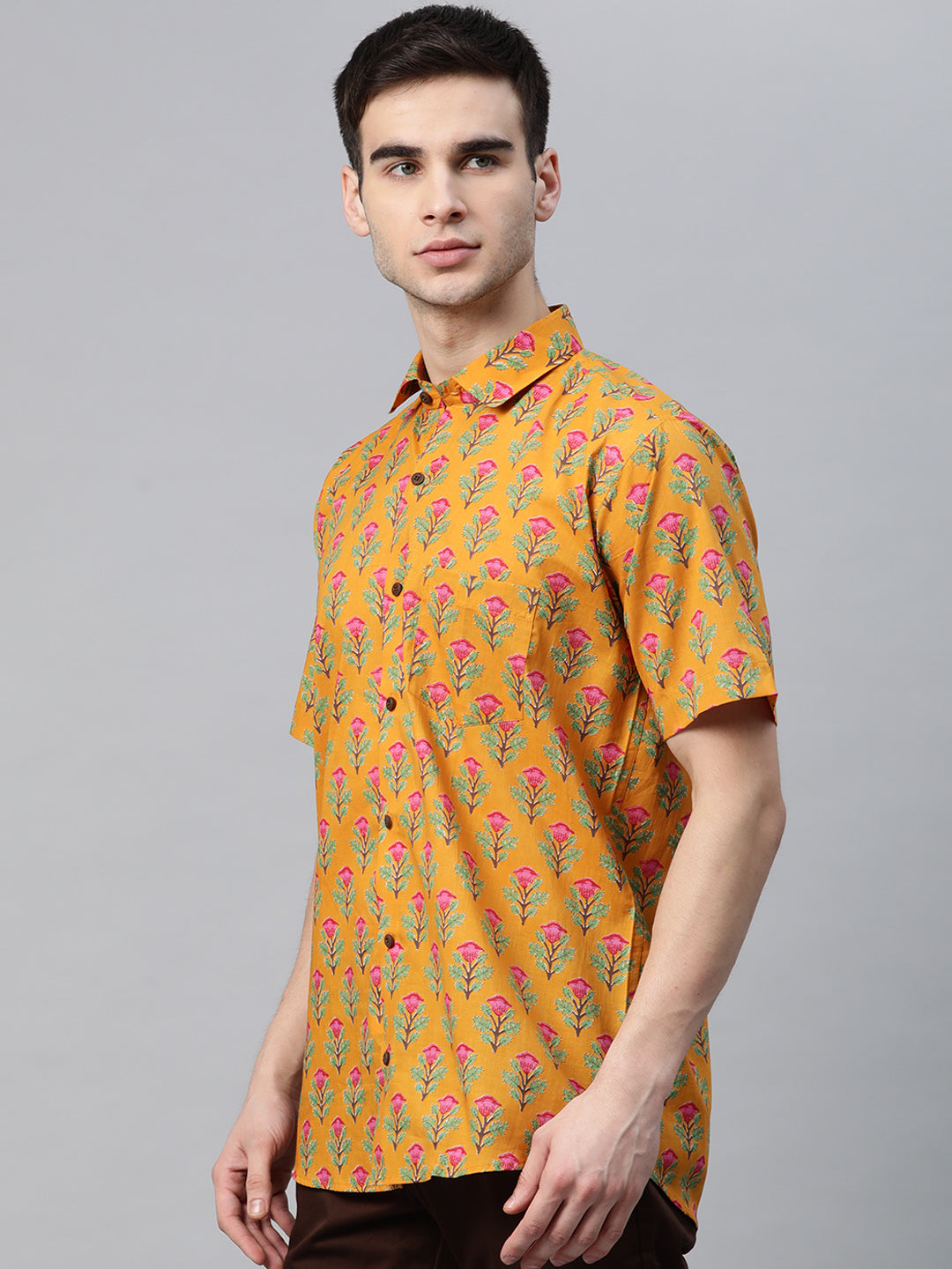 Men's Mustard Cotton Half Sleeves Shirt - Taantav