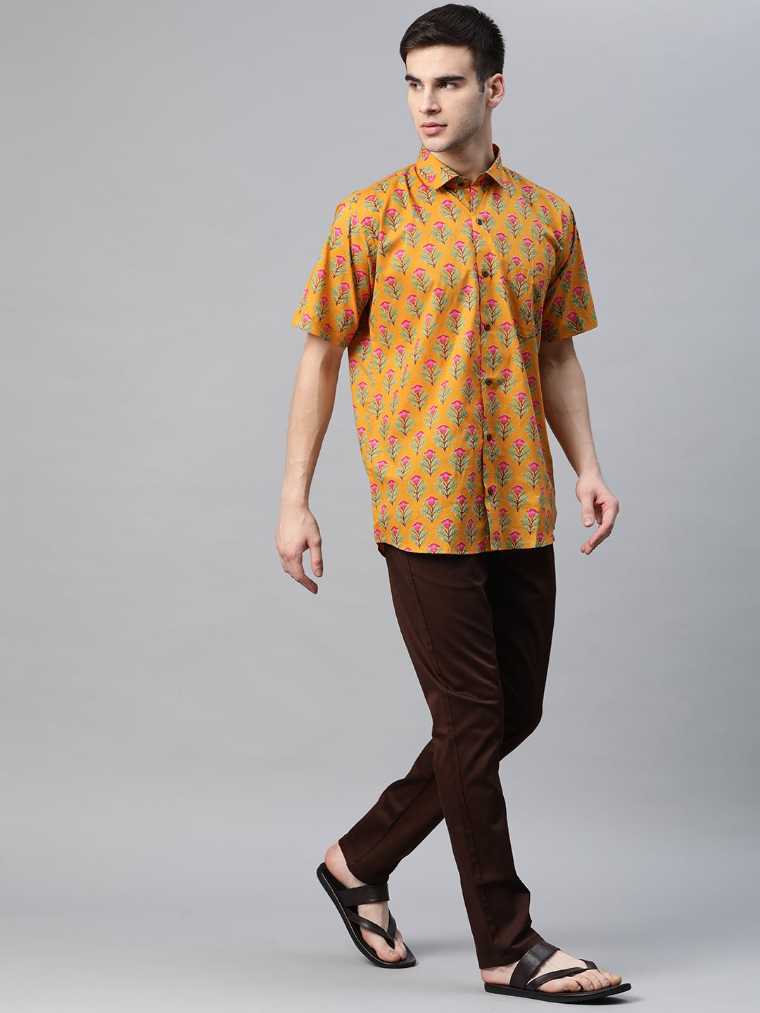 Men's Mustard Cotton Half Sleeves Shirt - Taantav