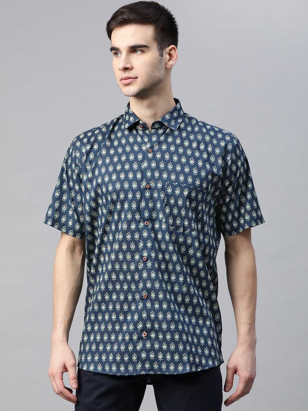 Men's Blue Cotton Half Sleeves Shirt - Taantav